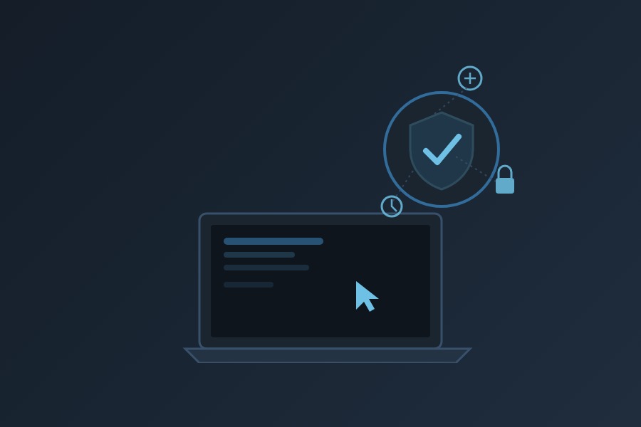 Ilustración de gestión remota: laptop con verificación, seguridad y monitoreo